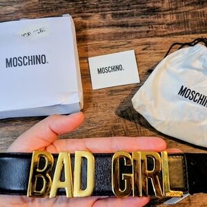 Moschino Black Leather Belt with Gold 'BAD GIRL' Logo